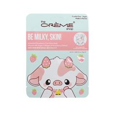 Be Milky, Skin! Animated Strawberry Cow Face Mask | The Crème Shop Sheet Face Mask, Cute Skincare Products, Face Mask Design Ideas Cute, Kawaii Face Masks, Cow Face Mask, Sanrio Face Mask, Vegan Face Mask, Rilakkuma Reusable Face Mask, Turmeric Face Mask