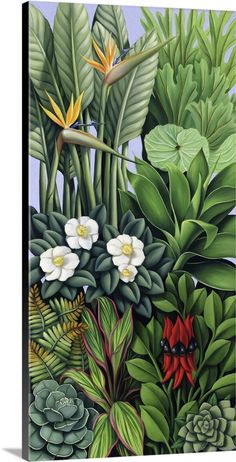 a painting of tropical plants and flowers