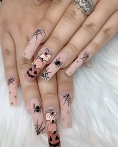 Pumpkin Nails, Long Acrylic Nails Coffin, Pink Nail, Halloween Nail, Halloween Nail Art, Square Acrylic Nails