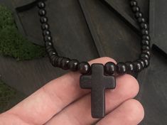 Made by hand from natural ebony wood Black Wooden Beads Rosary Spiritual Style, Black Wooden Beads Spiritual Rosary, Black Wooden Beads Rosary, Black Necklaces With Wooden Beads For Healing, Spiritual Black Rosary With 108 Beads, Men Cross Necklace, Black Rosary, Cross Necklace For Men, Mens Cross Necklace