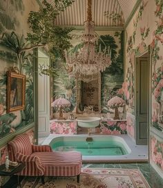 an ornate bathroom with pink flowers on the wall and chandelier hanging from the ceiling