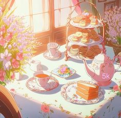 a table topped with plates and cups filled with cake next to a vase full of flowers