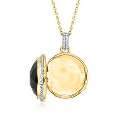 Ross-Simons - Onyx, .40ct t. w. White Topaz Locket Necklace Over Sterling. 18". Keep your sweetest memories close with this stylish locket necklace. A glimmering 17mm round onyx cabochon is framed with .40 ct. t. w. white topaz rounds. Crafted in 18kt yellow gold over sterling silver. Fits up to an 11/16" photo inside. Suspends from a cable chain with a 2" extender. Lobster clasp, white topaz and onyx locket necklace. Elegant Birthstone Medallion Locket Necklace, Silver Fits, Sweet Memories, Locket Necklace, White Topaz, Cable Chain, Locket, Lobster Clasp, Topaz