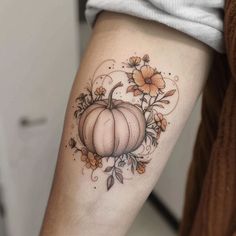 Pumpkin Tattoo Blueprint Collection Fall Floral Tattoo Ideas, Flower Pumpkin Tattoo, Pumpkin With Vines Tattoo, Pumpkin And Leaves Tattoo, Small Pumpkin Tatoos, Watercolor Pumpkin Tattoo, Fall Themed Tattoos For Women, Pumpkin Sleeve Tattoo, Black And White Pumpkin Tattoo