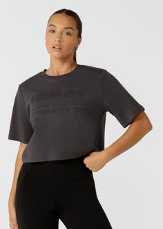 Authentic Classic Tee | Short Sleeve | Lorna Jane USA Athleisure Gray Short Sleeve Top, Gray Short Sleeve Top Athleisure, Gray Short Sleeve Top For Athleisure, Gray Short Sleeve Workout Tops, Athleisure Short Sleeve Tops With Letter Print, Athleisure Cotton Tops With Text Print, Cotton Athleisure Top With Text Print, Gray Relaxed Fit Workout Tops, Athleisure Tops With Graphic Print And Short Sleeves