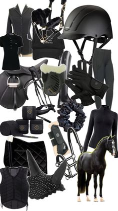 a collage of horse riding gear including helmets, gloves, and saddles on white background