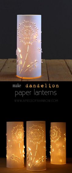 some paper lanterns are lit up on a wooden table with the words make dandelion