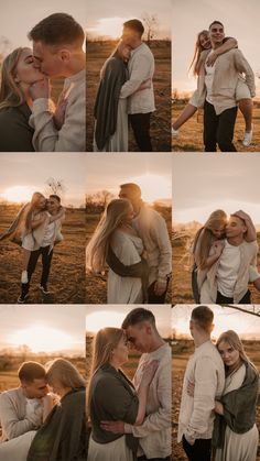 a collage of people hugging each other in the middle of an open field at sunset