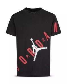 Jordan Jumpman Air Cotton Tee Black T-Shirt Red Text Youth Boys Large BRAND NEW Size:  Youth Boys Large (Length 25.5", Chest 18") Condition: New Model: 95A512-023 Shipping: Items ship next business day unless it's a holiday. Your tracking number will be uploaded to eBay asap. We only ship to a confirmed PayPal address, no exceptions. Items ordered on weekdays before 3:00 pm (EST) will be shipped same day. Returns: We accept returns within 30 days of purchase date if product does not match listin Red Short Sleeve T-shirt With Logo, Casual Fan Merchandise T-shirt With Logo, Graphic Tee With Logo For Fan Merchandise, Fan Merchandise Graphic Tee With Logo, Red Logo T-shirt With Short Sleeves, Fan Merchandise Cotton Logo T-shirt, Red Crew Neck Top With Logo, Red Graphic Tee With Logo, Red Short Sleeve Tops With Logo