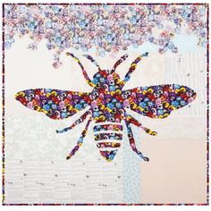 a cross - stitch pattern of a bee on a white background with multicolored flowers