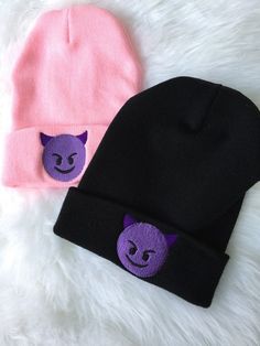 Cute Purple Beanie Hat, Adjustable Harajuku Halloween Hat, Pink Kawaii Hat One Size Fits Most, Black Embroidered Beanie Cap, Black Embroidered Beanie One Size, Black Embroidered Beanie, One Size Fits Most, Kawaii Pink Cap, Pink Kawaii Cap, Cute Pink Winter Mini Hats