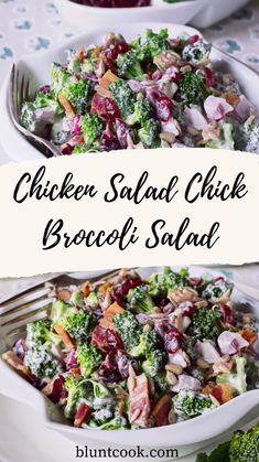 chicken salad with broccoli and cranberries in a white bowl on a table