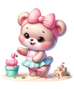 a cute little bear with a pink bow on her head is playing with a toy flamingo