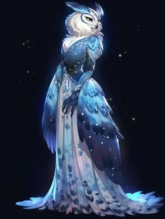 an owl dressed in blue and white with stars