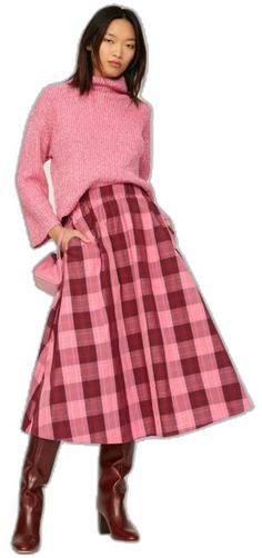 Plaid Long Skirt For Spring, Casual A-line Plaid Skirt, Fall Pink Pleated Skirt, Plaid Skirted Bottoms For Fall, Pink Fall Midi Skirt, Chic Plaid Flared Skirt, Pink Midi Skirt For Fall, Relaxed Pink Skirt For Fall, Pink Long Skirt For Fall