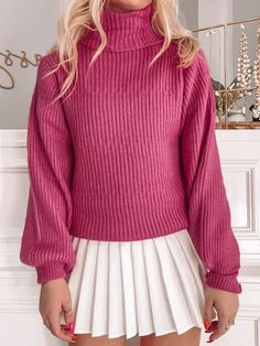 Palmer in Pink Sweater | Sassy Shortcake Bright Pink Sweater, Sassy Shortcake, Pink Turtleneck, White Tennis Skirt, Thick Sweater, Pink Ribbed, Tennis Skirts, Thick Sweaters, Hack Tool