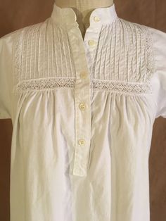 "vintage Queen Anne's Lace nigh gown by Aileen West, San Francisco white cotton w/lace detail pull over henley button neck short sleeve open waist good vintage condition, light age/storage discoloration (might bleach out, no guarantee) tiny hole below back neck, maybe from price tag tiny fray spot at front hem (see photos) no size tag, see below measures, lying flat, neck to sleeve-11 1/2\" chest-18 1/2\" waist-20 1/2\" hip-22\" length-52\" (4' 4\")" Queen Anne Neckline, Queen Anne's Lace, Queen Annes Lace, Women's Nightgowns, Long Sweaters Cardigan, Nightgowns, Smock Dress, Queen Anne, Price Tag