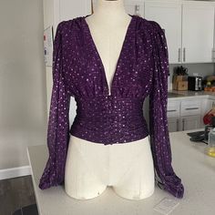 Never Worn, Tags Still Attached Luxury Fitted Purple Blouse, Purple Sheer Blouse, Purple Button-up Blouse For Party, For Love & Lemons Purple Sweater, Purple V-neck Top With Ruffles, Black Lace Bodysuit, Pink Lace Tops, Purple Long Sleeve, Corset Blouse