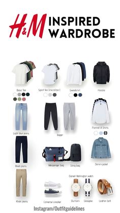 Basic Fashion Outfits Men, H M Men Outfits Mens Fashion, Men Wordrobe Capsule, Essentials For Mens Wardrobe, H&m Inspired Outfits, Men Fashion Essentials, Basic Wardrobe Essentials Men, Streetwear Fashion Capsule Wardrobe, Clothing Color Combo Chart