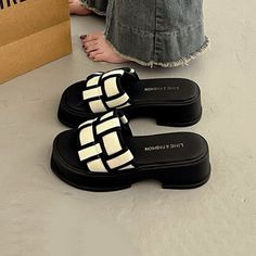 Women’s Platform Slides Black Open Toe Platform Slippers With Chunky Platform, Black Open Toe Platform Slippers With Rubber Sole, Black Synthetic Platform Slide Slippers, Non-slip Open Toe Synthetic Platform Slippers, Black Non-slip Open Toe Platform Slippers, Everyday Heels, Vacation Shoes, Sandals Wedge, Versatile Shoes