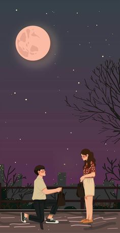 a man kneeling down next to a woman in front of a full moon and tree