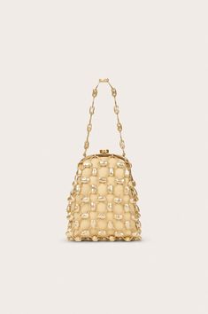 A caged pearl and lambskin evening bag with top closure. — Gold toned rings with pearl accents — Lambskin body — Top closure Cult Gaia Bag, Icon Clothing, Wristlet Bag, Body Top, Swimming Bag, Candle Collection, Cult Gaia, Accessories Jewelry Earrings, Pearl Size