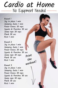 a woman is doing cardio at home with her legs spread out and the text below reads cardio at home no equipment needed