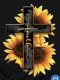 a cross with sunflowers on it and the word jesus written in cursive letters