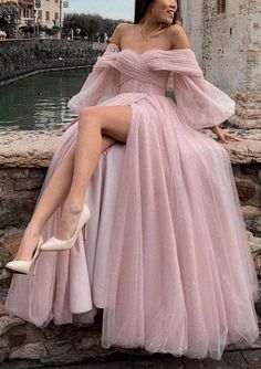 [$149.00] Princess Off-the-Shoulder Sweep Train Tulle Prom Dress With Pleated Split Corset Dress Formal, Minimal Stil, Ben Ben, A Line Evening Dress, Corset Dress Prom, فستان سهرة, A Line Prom Dresses, Pink Tulle, Dresses Ideas