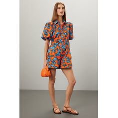 Multicolored cotton (100% Cotton). Romper. Short sleeves. Collared neckline. Front button fly closure. 32" from shoulder to hemline. 4" inseam. Imported. Hunter Bell, Simple Sandals, Cotton Romper, Rent The Runway, Closet Designs, Tall Girl, Playsuit, Puff Sleeve, Floral Prints