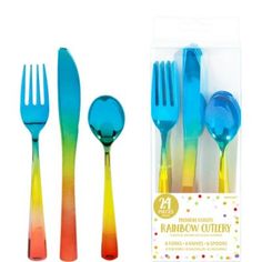 the rainbow cutlery set includes four forks, two spoons and an empty box