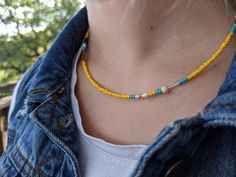 Yellow Choker Beaded Choker Seed Bead Necklace Seed Bead | Etsy Casual Yellow Beaded Necklaces With Round Beads, Casual Yellow Round Bead Necklaces, Bohemian Yellow Necklace With Letter Beads, Yellow Beach Necklace With Spacer Beads, Casual Yellow Beaded Necklace For Beach, Small Beaded Necklace, Yellow Choker, Colorful Choker, Seed Bead Choker