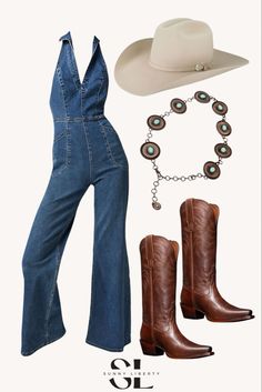 Denim Jumpsuit Cowboy Boots, Country Jumpsuit Outfit, Western Trap Outfit, Jumpsuit Cowboy Boots, Cowboy Denim Outfit, Denim Jumpsuit With Boots, Cowgirl Jumpsuit Outfit, Jumpsuit Western Outfit, Cowgirl Boho Outfits