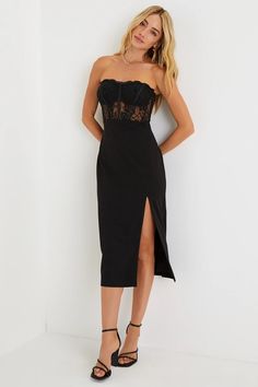 Turn up the temperature on date night with the Lulus Exquisitely Sultry Black Lace Strapless Bustier Midi Dress! Floral lace shapes a strapless, bustier-style bodice with supportive padding, hidden boning, and hidden no-slip strips. Sheer panels wrap the waist and back, atop a crepe knit skirt that hugs the hips as it falls to a midi hem with a flirty side sit. Hidden zipper/clasp at back. Lace Bandeau Top, Bustier Midi Dress, Midi Dress Floral, Nye Dress, Strapless Bustier, On Date, Lace Bandeau, Eve Dresses, New Years Eve Dresses