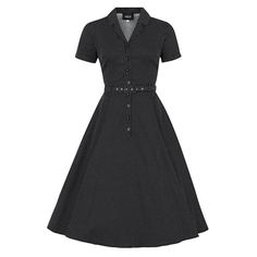 The prim and proper 1950s housewife look, but with a contemporary edge. This classic shirt dress has a flattering open neck style and notched collar detail, and wooden buttons fastening the center front. A cute slide belt backed with PU cinches in your waist, and the sleeves have slim cuffs. The fabulously full swing skirt accommodates a petticoat, should you wish to wear one, but looks equally beautiful without one. And best of all, the skirt contains side seam pockets! Vintage Fashion Trends, Vintage Style Clothing, Retro Fashion Outfits