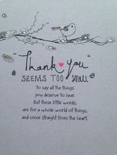 a thank card with a bird and flowers on the front, written in black ink