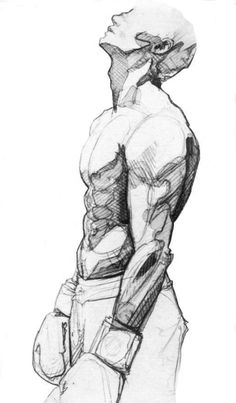 a drawing of a man with no shirt on, holding his hands in his pockets