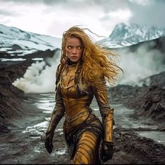 a woman with long hair walking through the mud in a scene from the movie thors