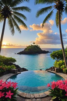 an outdoor swimming pool surrounded by palm trees and flowers with the sun setting in the background