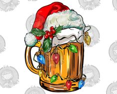 a drawing of a beer mug wearing a santa hat and holly berry garland on it