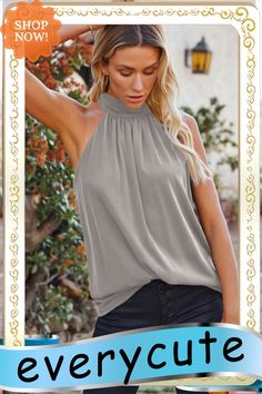 Gray High Neck Tie Tank Top Gray Stretch Summer Blouse, Gray Stretch Blouse For Summer, Stretch Gray Summer Blouse, Stretch Summer Blouse In Gray, Gray Summer Tops For Day Out, Tie Tank Top, Tank Top Women, Top Women, Women Tops