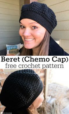 a woman wearing a black crochet hat with the text beret chemo cap free crochet pattern