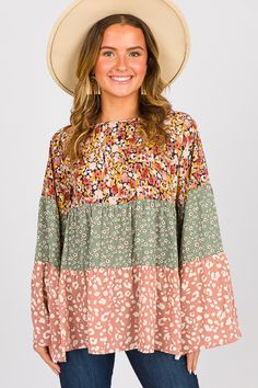 Floral Leopard Mix Tier Top - New Arrivals - The Blue Door Boutique Bohemian Ditsy Floral Print Tops For Fall, Bohemian Multicolor Mixed Print Blouse, Bohemian Multicolor Blouse With Mixed Print, Fall Floral Patchwork Blouse, Bohemian Long Sleeve Blouse With Ditsy Floral Print, Spring Floral Patchwork Patterned Blouse, Multicolor Ditsy Floral Print Tops For Vacation, Bohemian Long Sleeve Blouse With Mixed Print, Spring Multicolor Blouse With Floral Patchwork