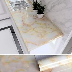 two photos of the same counter top in different stages of being painted white and gold