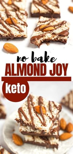 no bake almond joy keto bars stacked on top of each other