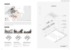 the layout and section of an architectural project, with diagrams on each side of the page