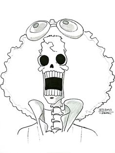 a drawing of a skeleton with curly hair and eyeballs on it's head