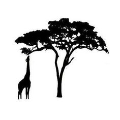 a giraffe standing next to a tall tree on a white background in silhouette