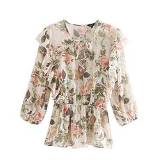 Long Sleeve Chiffon Blouse With Floral Print, Feminine Blouse With 3/4 Sleeve Floral Print, Feminine 3/4 Sleeve Blouse With Floral Print, Chic Blouse With Floral Print And 3/4 Sleeves, Summer Lantern Sleeve Blouse With Floral Print, Beige Floral Print Blouse For Brunch, Offshoulder Croptop, Shirt Elegant, Jacket Blouse