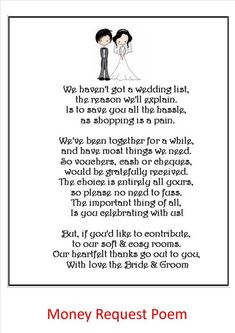 a wedding poem with the words money request poem written in red and black on it